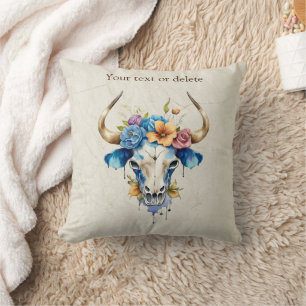 Boho Chic Watercolor Floral Cow Skull  Cushion