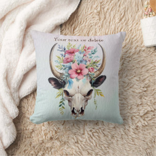 Boho Chic Watercolor Floral Cow Skull Cushion