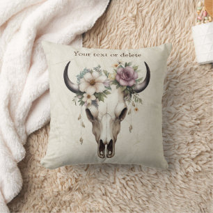 Boho Chic Watercolor Floral Cow Skull Cushion