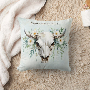 Boho Chic Watercolor Floral Cow Skull  Cushion