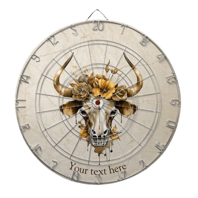 Boho Chic Watercolor Floral Cow Skull  Dartboard (Front)