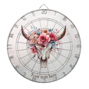 Boho Chic Watercolor Floral Cow Skull Dartboard