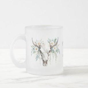 Boho Chic Watercolor Floral Cow Skull  Frosted Glass Coffee Mug