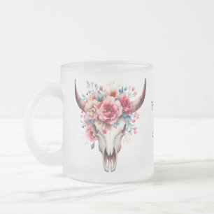 Boho Chic Watercolor Floral Cow Skull Frosted Glass Coffee Mug