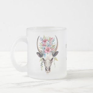 Boho Chic Watercolor Floral Cow Skull Frosted Glass Coffee Mug