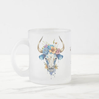 Boho Chic Watercolor Floral Cow Skull  Frosted Glass Coffee Mug