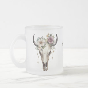Boho Chic Watercolor Floral Cow Skull  Frosted Glass Coffee Mug