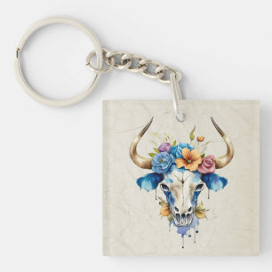 Boho Chic Watercolor Floral Cow Skull Key Ring