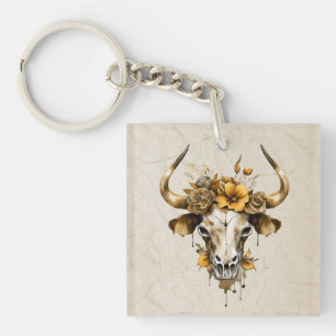 Boho Chic Watercolor Floral Cow Skull  Key Ring
