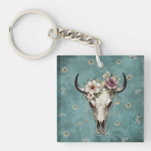 Boho Chic Watercolor Floral Cow Skull  Key Ring