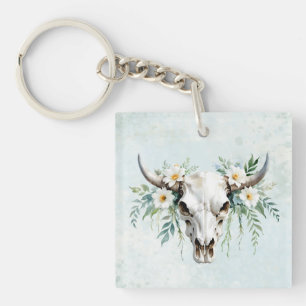 Boho Chic Watercolor Floral Cow Skull  Key Ring