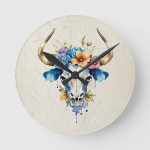 Boho Chic Watercolor Floral Cow Skull Round Clock