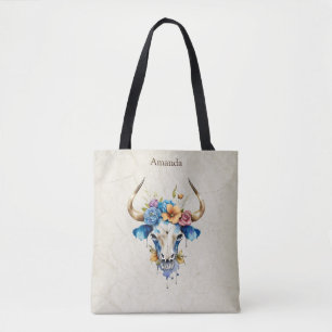 Boho Chic Watercolor Floral Cow Skull  Tote Bag