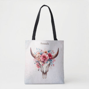 Boho Chic Watercolor Floral Cow Skull  Tote Bag