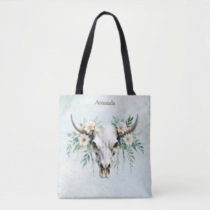 Boho Chic Watercolor Floral Cow Skull  Tote Bag