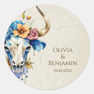 Boho Chic Watercolor Floral Cow Skull Wedding Classic Round Sticker