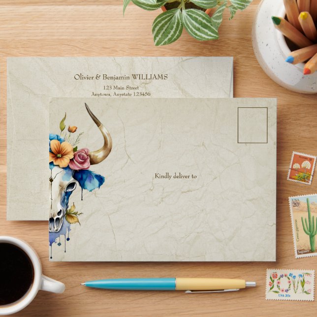 Boho Chic Watercolor Floral Cow Skull Wedding Envelope (Desk)