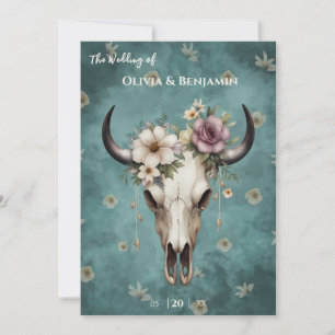 Boho Chic Watercolor Floral Cow Skull Wedding Invitation