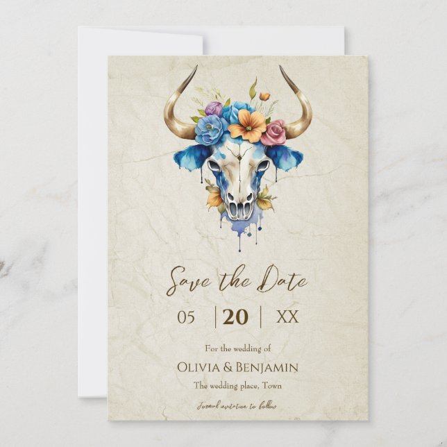 Boho Chic Watercolor Floral Cow Skull Wedding Save The Date (Front)