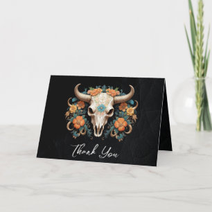 Boho Chic Watercolor Floral Cow Skull Wedding Thank You Card
