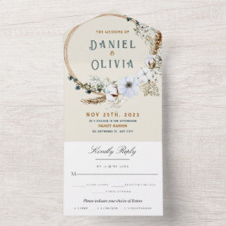 Boho Chic Watercolor Floral Wedding All In One Invitation