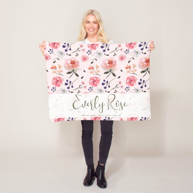 Boho Chic Watercolor florals Personalised Stats Fleece Blanket (In Situ)