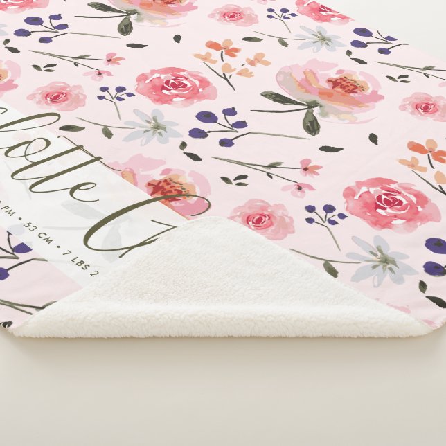 Boho Chic Watercolor florals Personalized Stats Sherpa Blanket (3/4)