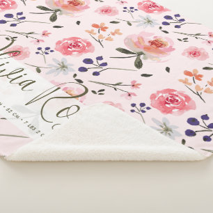 Boho Chic Watercolor florals Personalized Stats Sherpa Blanket