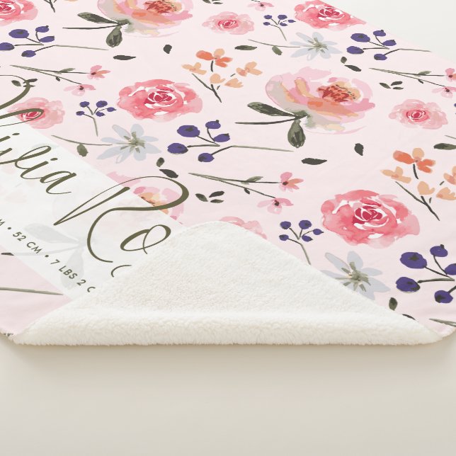 Boho Chic Watercolor florals Personalized Stats Sherpa Blanket (3/4)