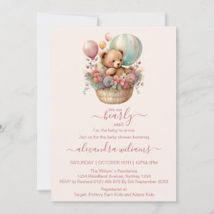 Boho Chic Watercolor Girl Teddy Bear with Pink Bal Invitation