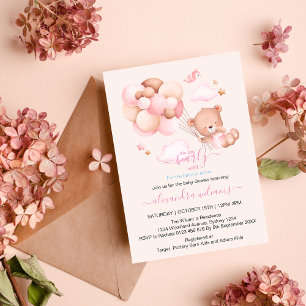Boho Chic Watercolor Girl Teddy Bear with Pink Bal Invitation
