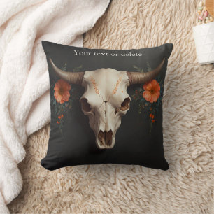 Boho Chic Watercolor Minimalist Floral Cow Skull  Cushion