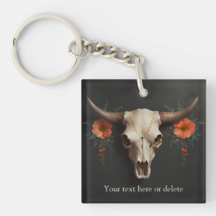 Boho Chic Watercolor Minimalist Floral Cow Skull  Key Ring