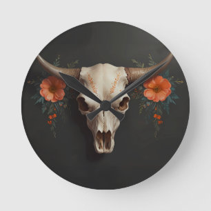 Boho Chic Watercolor Minimalist Floral Cow Skull Round Clock