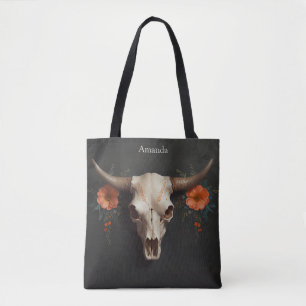 Boho Chic Watercolor Minimalist Floral Cow Skull Tote Bag