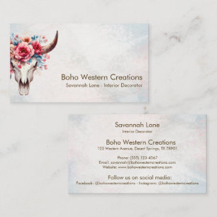 Boho Chic Watercolor Multicolor Floral Cow Skull  Business Card