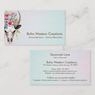 Boho Chic Watercolor Multicolor Floral Cow Skull  Business Card