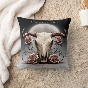 Boho Chic Watercolor Romantic Floral Cow Skull  Cushion