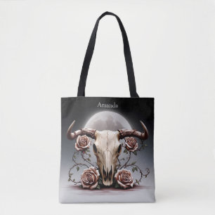 Boho Chic Watercolor Romantic Floral Cow Skull Tote Bag