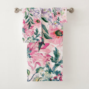 boho chic watercolor spring pink floral bath towel set