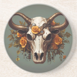 Boho Chic Watercolor Steampunk Floral Cow Skull Coaster