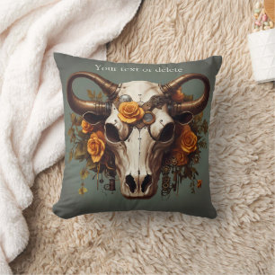 Boho Chic Watercolor Steampunk Floral Cow Skull Cushion