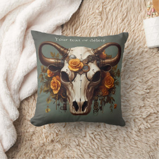 Boho Chic Watercolor Steampunk Floral Cow Skull  Cushion