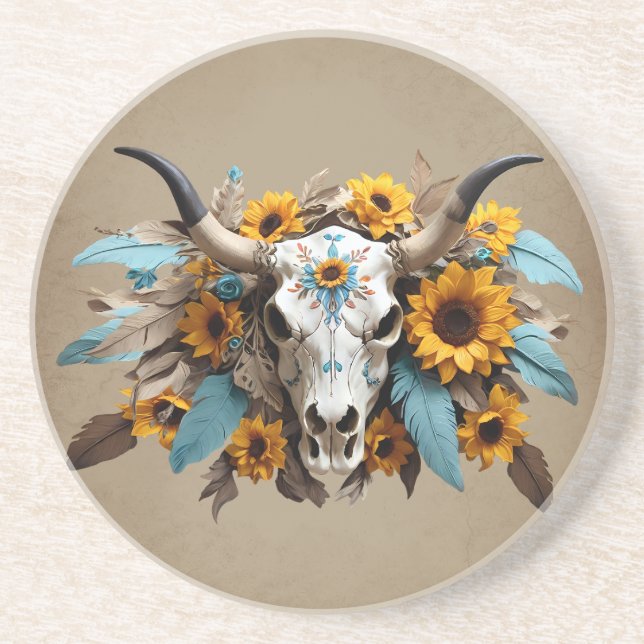 Boho Chic Watercolor Sunflower Feather Cow Skull  Coaster (Front)