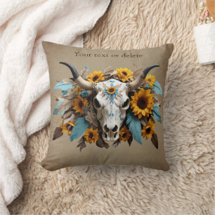 Boho Chic Watercolor Sunflower Feather Cow Skull Cushion