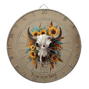 Boho Chic Watercolor Sunflower Feather Cow Skull Dartboard