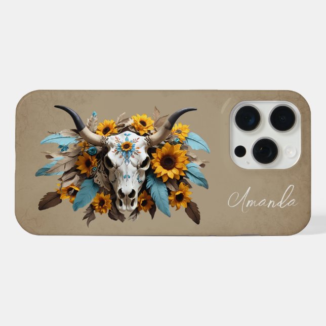 Boho Chic Watercolor Sunflower Feather Cow Skull  iPhone Case (Back Horizontal)