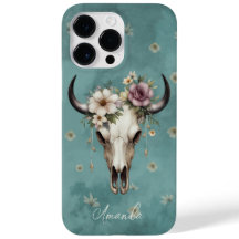 Boho Chic Watercolor Teal Floral Cow Skull