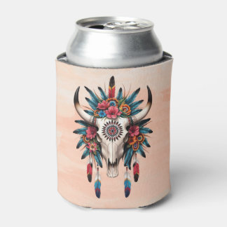 Boho Chic Watercolor Tribal Floral Cow Skull Can Cooler