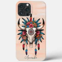Boho Chic Watercolor Tribal Floral Cow Skull